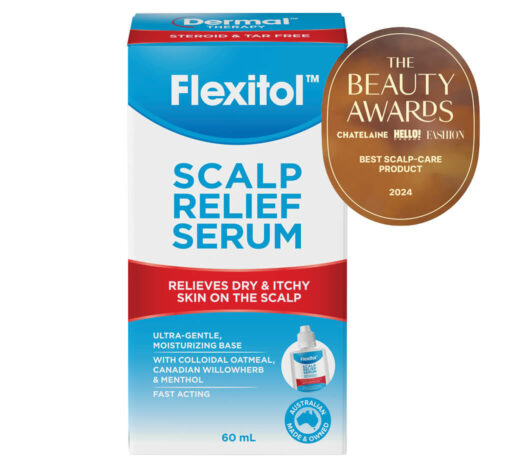Front view of Flexitol Scalp Relief Serum packaging, showcasing the product carton with prominent The Beauty Awards badge for Best Scalp - Care Product 2024.