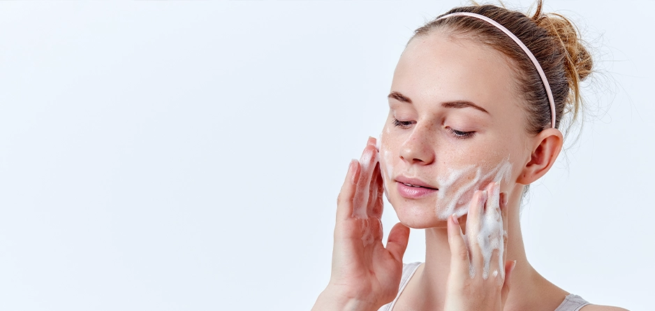 Image of woman with the hair tied up, massaging her face with a sensitive skin face wash / cleanser on a light blue background
