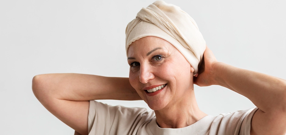 Smiling woman with headdress - focusing on a Gentle Skincare Routine for Chemotherapy Patients