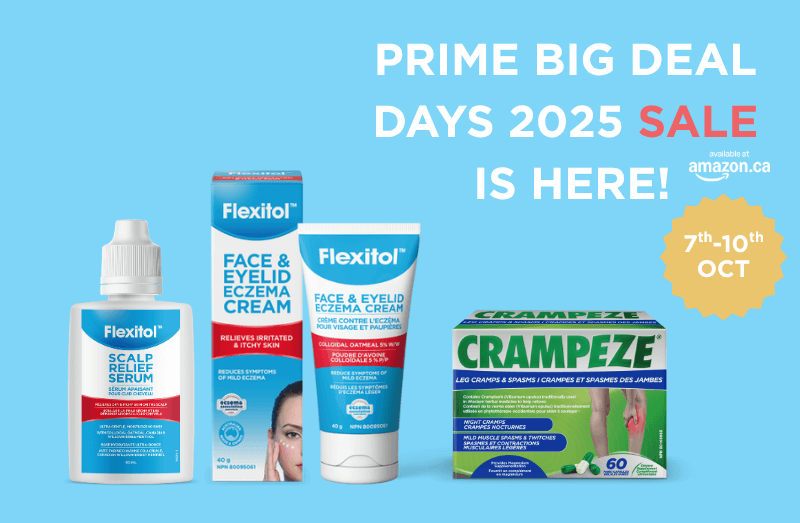 Promotional graphic including images of Flexitol and Crampeze products with white and light red text on a light blue background: "Up to 30% off available at amazon.ca. Prime Big Deal Days 2025 Sale is here! 7th - 10th October 2025"