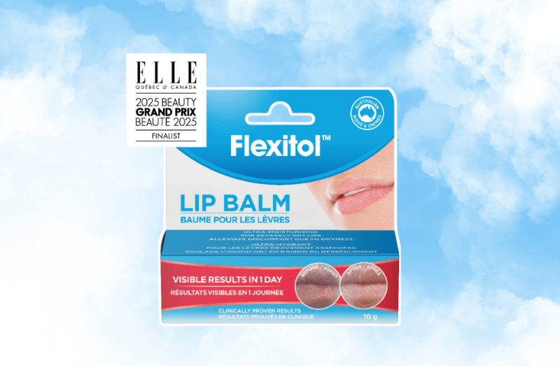 Flexitol Lip Balm packaging with ELLE Canada 2025 Beauty Grand Prix Finalist badge on a blue cloud background.