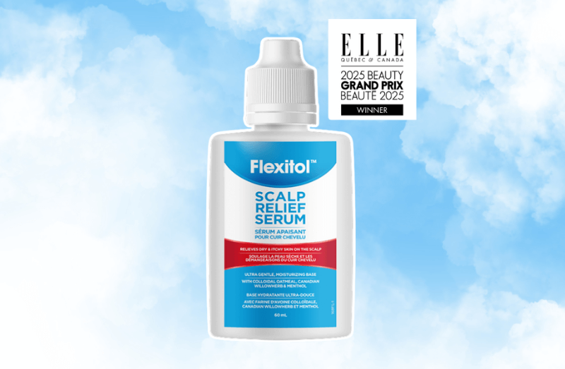 Flexitol Scalp Relief Serum bottle with ELLE Canada 2025 Beauty Grand Prix Winner badge on a blue cloud background.