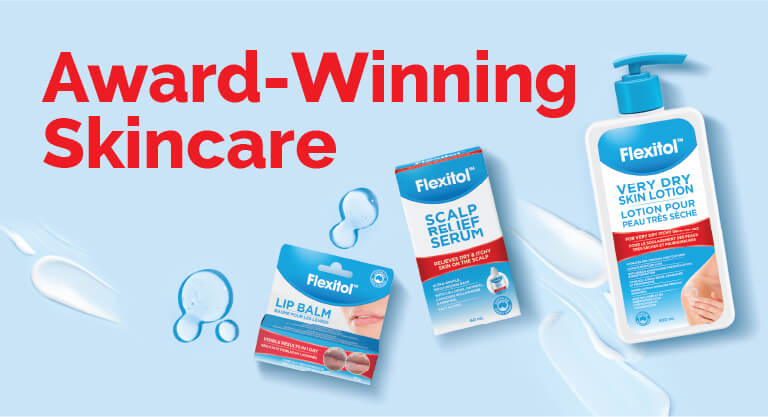 Flexitol award-winning skincare products including Lip Balm, Scalp Relief Serum, and Very Dry Skin Lotion on a light blue background with text “Award-Winning Skincare.”