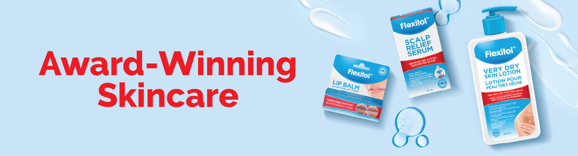 Flexitol award-winning skincare products displayed on a light blue background with text “Award-Winning Skincare.”