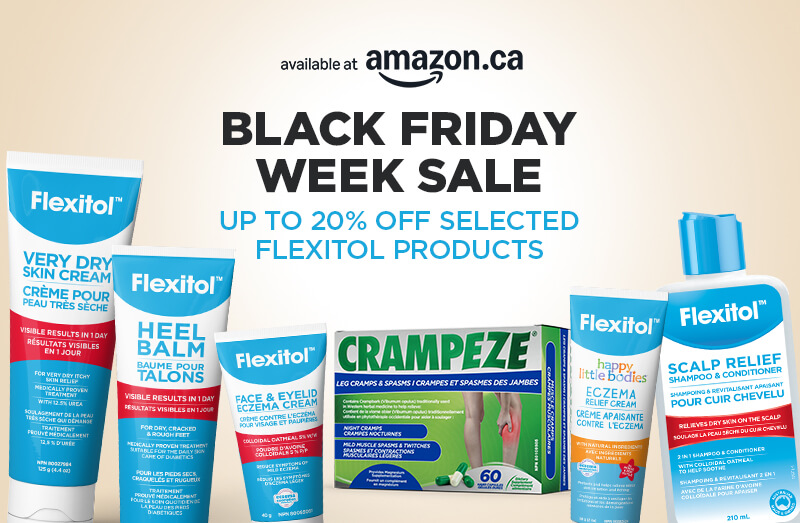 Promotional banner for Flexitol Black Friday Week Sale on Amazon.ca featuring various Flexitol products and Crampeze, with text highlighting up to 20% off selected items.
