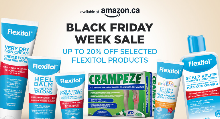 Compact promotional banner for Flexitol Black Friday Week Sale on Amazon.ca showing Flexitol skincare products and Crampeze with discount details.