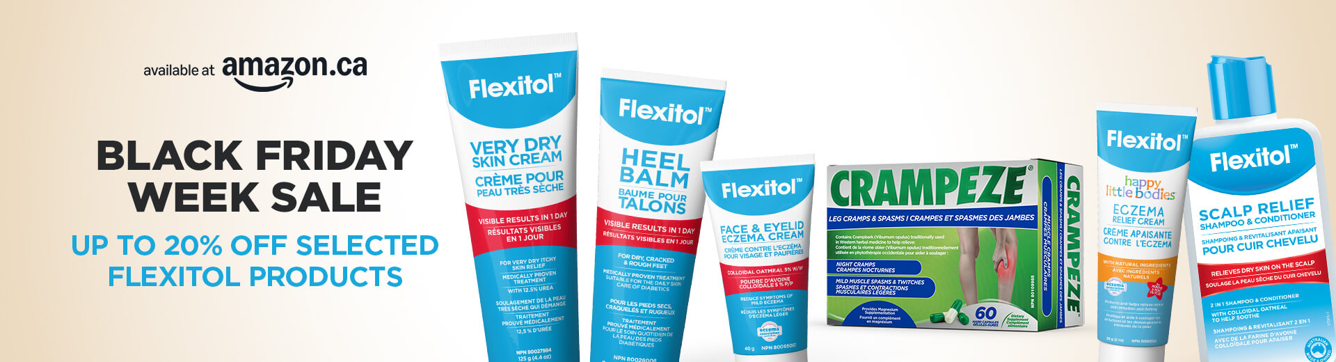 Wide banner for Flexitol Black Friday Week Sale on Amazon.ca featuring multiple Flexitol products and Crampeze with discount offer.