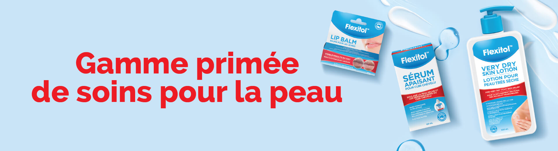 Produits Flexitol primés affichés sur fond bleu pâle avec le texte « Gamme primée de soins pour la peau ».