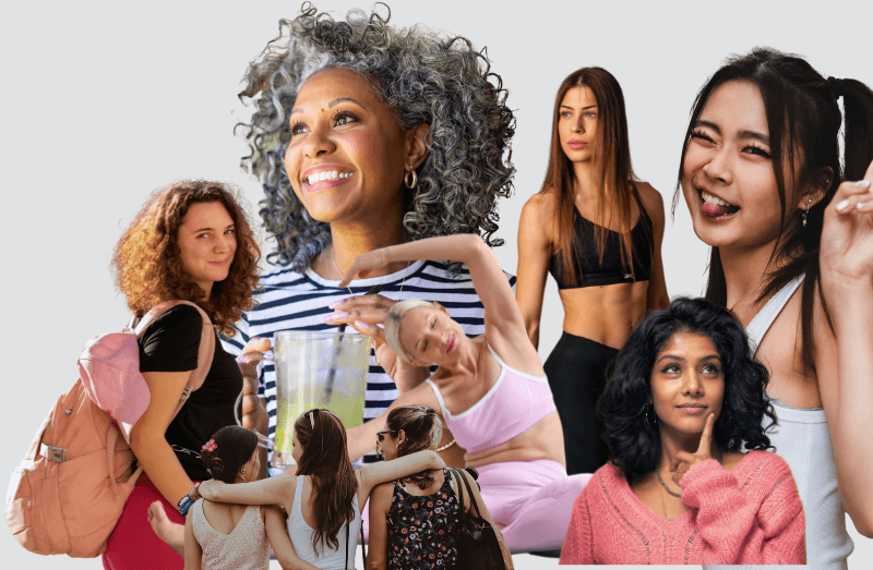 Group of people shown in a collage wearing casual clothing against a light background