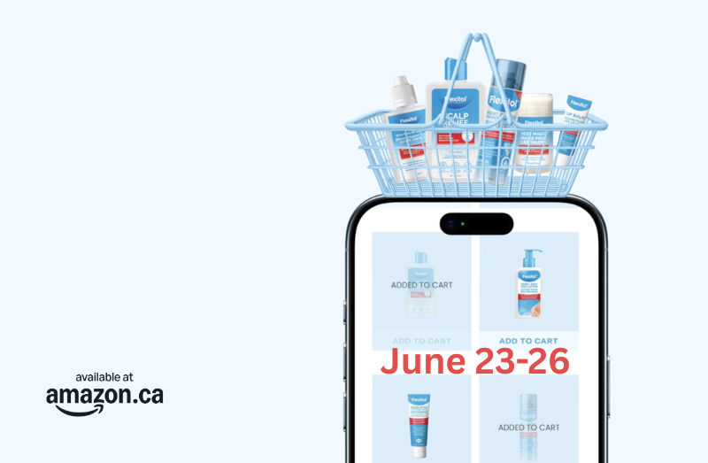 Flexitol products on a smartphone shopping screen with basket above and Prime Days June 23 to 26 shown for Amazon Canada