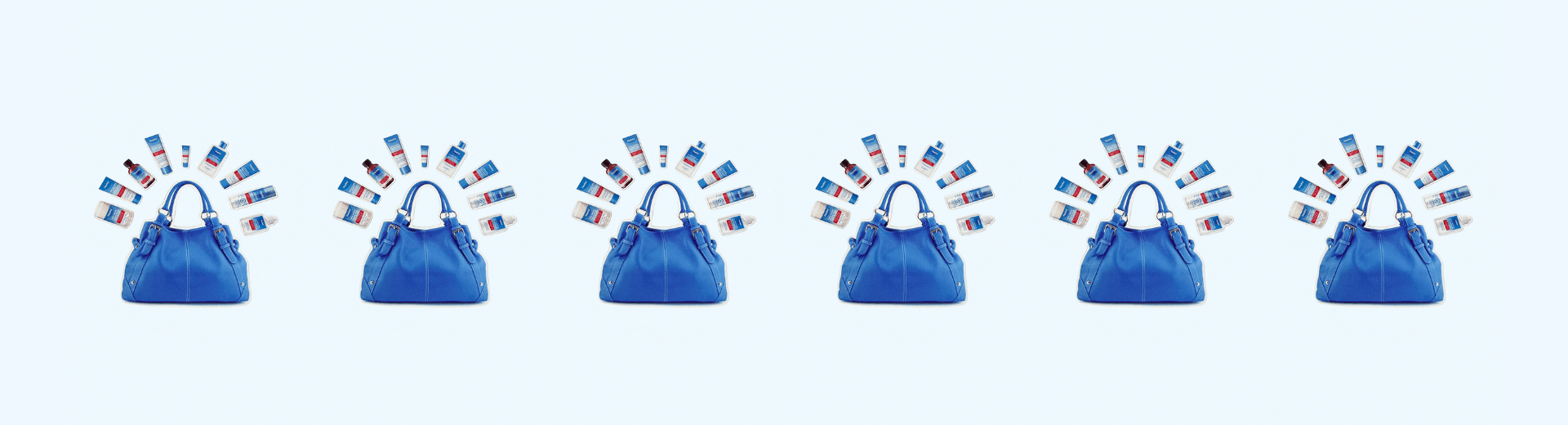 Blue handbag centered with several Flexitol skincare products arranged in a circular pattern around it on a light background