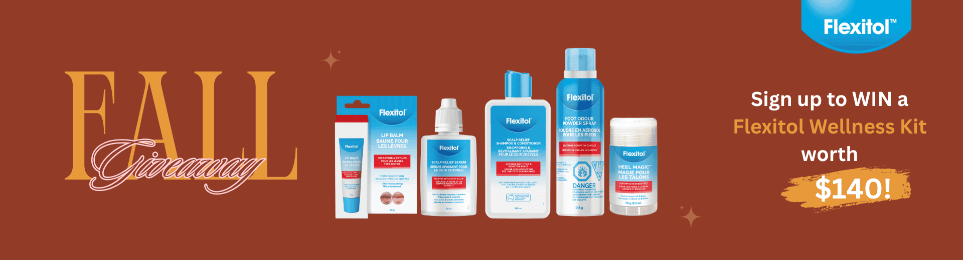 Desktop banner promoting the Flexitol Fall Giveaway featuring Flexitol skincare products and a chance to win a wellness kit worth $140