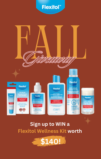 Desktop popup promoting the Flexitol Fall Giveaway featuring Flexitol skincare products and a chance to win a wellness kit worth $140