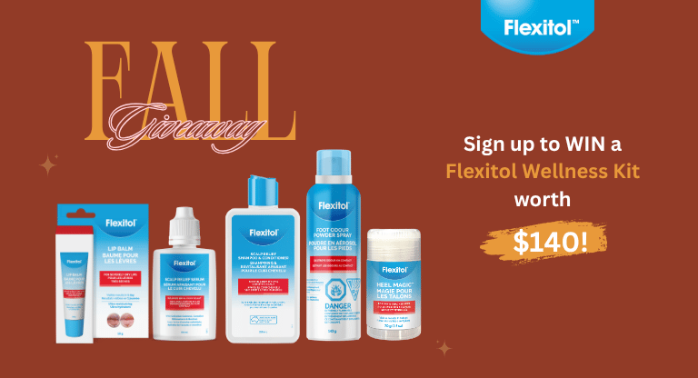 Mobile banner promoting the Flexitol Fall Giveaway featuring Flexitol skincare products and a chance to win a wellness kit worth $140