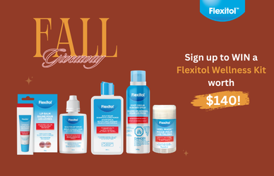 Mobile popup promoting the Flexitol Fall Giveaway featuring Flexitol skincare products and a chance to win a wellness kit worth $140