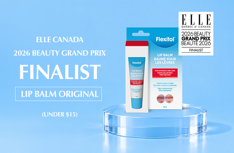 Promotional banner featuring Flexitol Lip Balm Original and packaging displayed on a blue pedestal. Visible text reads “ELLE Canada 2026 Beauty Grand Prix Finalist,” “Lip Balm Original,” and “Under $15.” An ELLE Quebec Canada 2026 Beauty Grand Prix Beauté 2026 Finalist badge appears in the top right corner.