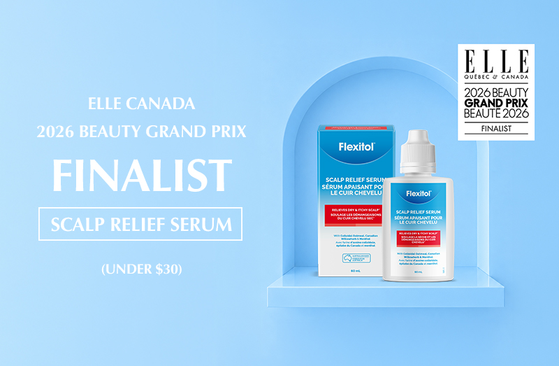Promotional banner featuring Flexitol Scalp Relief Serum bottle and packaging displayed on a blue platform. Visible text reads “ELLE Canada 2026 Beauty Grand Prix Finalist,” “Scalp Relief Serum,” and “Under $30.” An ELLE Quebec Canada 2026 Beauty Grand Prix Beauté 2026 Finalist badge appears in the top right corner.