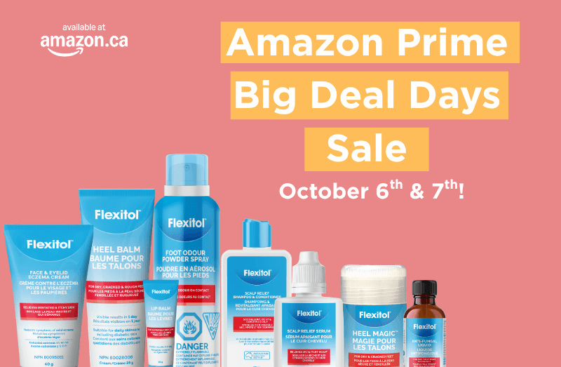 Flexitol promotional banner with Amazon.ca logo and the message “Amazon Prime Big Deal Days Sale October 6th & 7th.” Multiple Flexitol products are displayed, including Face & Eyelid Eczema Cream, Heel Balm, Foot Odour Powder Spray, Face and Scalp Relief Shampoo & Conditioner, Scalp Relief Serum, Heel Magic, and Anti-Fungal Liquid on a pink background.